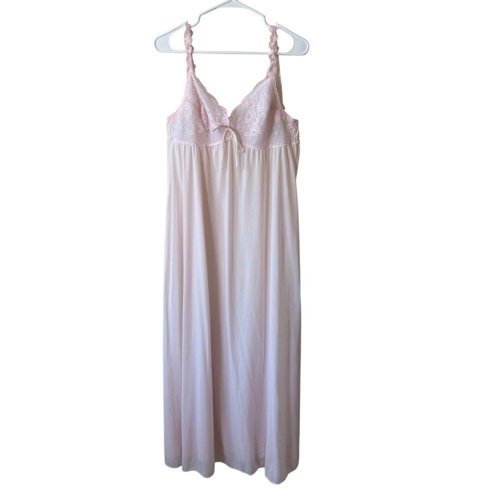 Vintage Pink Lace Bodice Nightgown Maxi Chemise Sleepwear Ruffle Strap Small - Picture 1 of 10